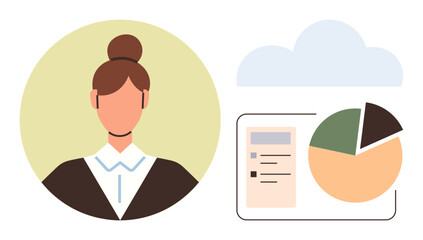 Female avatar next to a pie chart and checklist under a cloud element. Ideal for data analysis, cloud storage, teamwork, communication, technology, project management, and education themes. A simple
