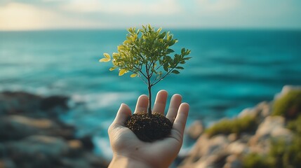 Hand Holding Small Tree with Soil Against Ocean Backdrop Growth, Hope, Environment