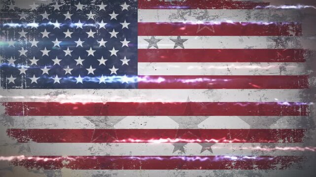abstract, distressed grunge video with deep blues, vivid reds, glowing stars, and energetic light streaks. Deconstructed american flag elements. Slow tracking, contemporary patriotic concept