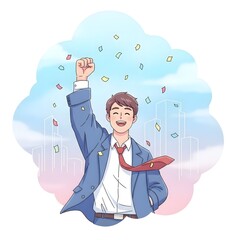 Excited businessman celebrating success with confetti falling around him amidst a cloudy sky with buildings in the background, symbolizing achievement and victory