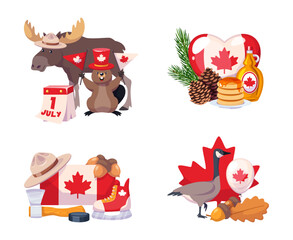 Canada elements compositions. Cartoon traditional objects groups, animals, dishes and symbols, maple syrup, moose, beaver on flag with leaf background, travel icons classy vector isolated set