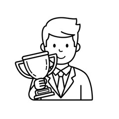 Smiling professional man in a formal business suit proudly holding up a gleaming winner's trophy, symbolizing victory, achievement, and success in a charming line art illustration