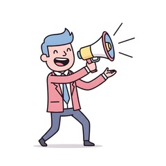 A cheerful cartoon businessman in a suit making an important announcement with a megaphone. Vector illustration for advertising and promotion
