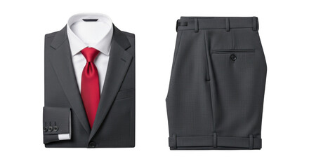 Formal dark gray suit jacket and pants with red tie isolated on transparent background