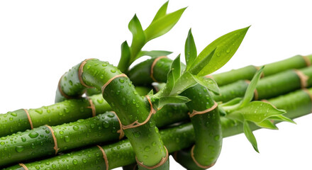 Close up of vibrant green lucky bamboo stalks with new growth isolated on transparent background