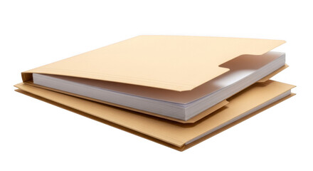 Two stacked manila folders with white paper documents inside isolated on transparent background