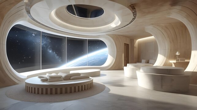 Luxury futuristic space lounge Earth view.