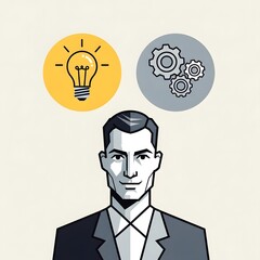 Businessman contemplating ideas and solutions with innovation and efficiency icons above his head