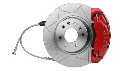 High performance red brake caliper and slotted rotor assembly isolated on transparent background
