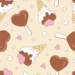 Romantic Retro Heart Shaped Ice Cream Seamless Pattern, Sweet Valentines Day Background for Textile and Wrapping Paper Design