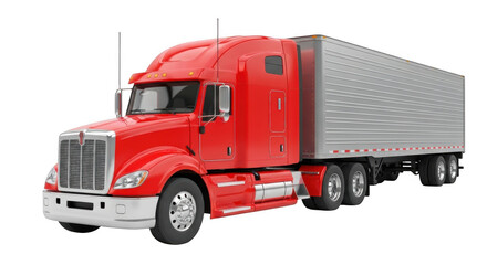 Bright red semi truck and trailer isolated on transparent background