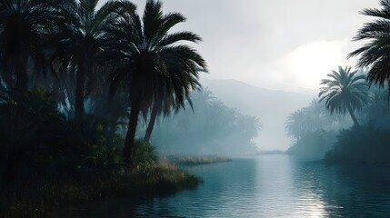 A misty river flows through a lush tropical palm forest at dawn creating a serene natural landscape