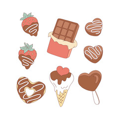 Heart Shaped Chocolate Treats Ice Cream Candy Strawberry Donut Clipart Set, Sweet Valentines Day Illustration for T-Shirt Design, Scrapbooking and Stickers