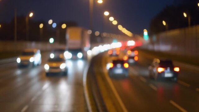 Dynamic blur of car lights streaking through a bustling urban highway at night, capturing the vibrant motion and energy of city life after dark