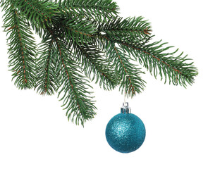 Christmas tree branch with decorative ball isolated on white