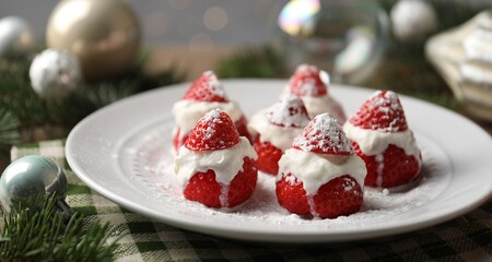 Christmas food. Santa hats made of strawberries, whipped cream and decor on table against background with blurred lights, closeup. Bokeh effect