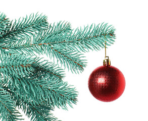 Christmas tree branch with decorative ball isolated on white