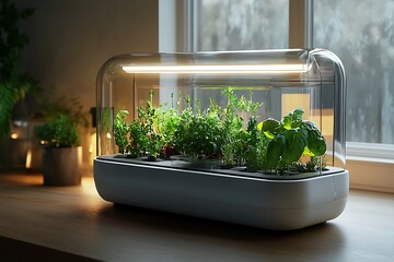 Indoor Herb Garden with LED Grow Light and Basil, Lettuce, and Other Greens on Wooden Surface