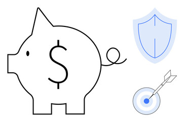 Minimalist piggy bank with dollar sign, blue shield symbolizing protection, and bullseye with arrow for precision. Ideal for savings, investment, finance, security, insurance, strategy goal setting