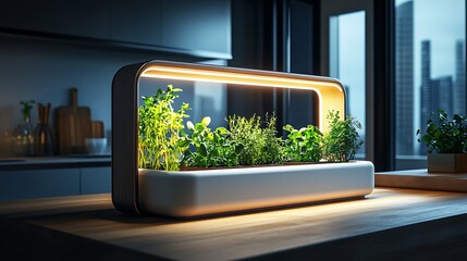 Indoor Herb Garden with Grow Light on Wooden Countertop in Modern Kitchen Setting