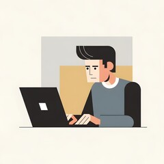 Vector illustration of a young man focused on his work, typing on a laptop computer at a desk in a modern flat design style