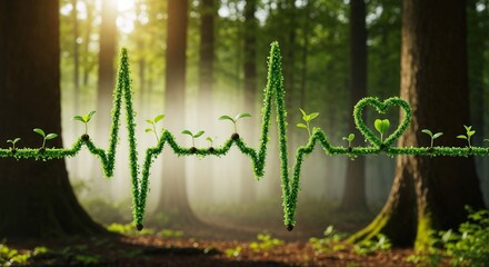 Green Heartbeat Line Made of Plants and Leaves in Forest, Symbol of Eco Health, Nature Energy, Environmental Sustainability, and Green Life Concept, Esg Green Ecology Background