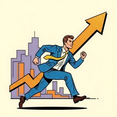 Businessman Running Upwards Along Arrow in Front of a City Skyline - Success & Growth Concept