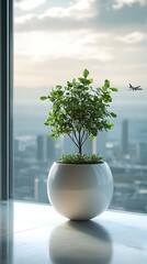 Indoor Tree by Window Overlooking City with Airplane Flying by in Soft Sky