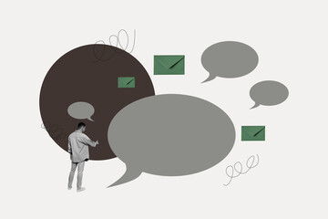 Collage of people chatting through devices with speech bubbles letters showing digital communication business private life concept