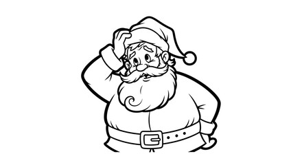 A black and white cartoon illustration of Santa Claus scratching his head in confusion.