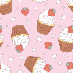 Romantic Retro Strawberry Cupcake Seamless Pattern, Sweet Valentines Day Background for Textile and Wrapping Paper Design