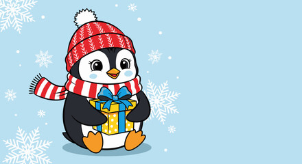 Cartoon penguin wearing a hat and scarf, holding a gift box with a blue bow, on a snowy blue background.