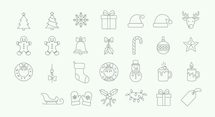 Collection of outline icons representing Christmas elements, including a tree, snowflake, gifts, Santa hat, reindeer, and more.