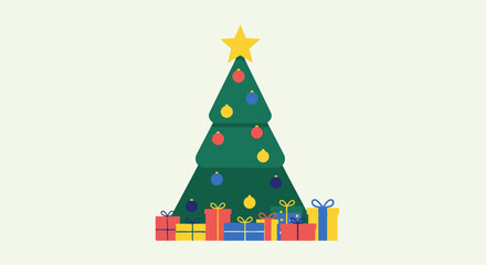 A Christmas tree decorated with ornaments and topped with a star, surrounded by colorful wrapped presents.