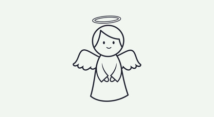 A simple line drawing of a cute angel with wings and a halo.