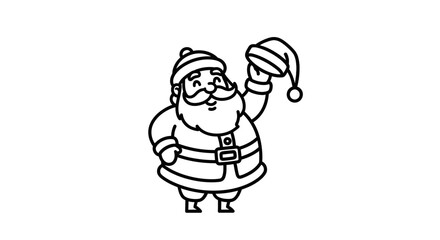 Cartoon depiction of Santa Claus holding his hat up, smiling, in a simple line drawing style.