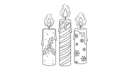 Three lit candles with decorative patterns, including holly and snowflakes, in a simple line art style.