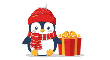 Cute cartoon penguin wearing a red hat and scarf, sitting next to a festive red gift box with a golden bow, on a white background.