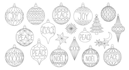Collection of intricate line art Christmas ornaments and festive holiday decorations with words like Joy, Peace, and Noel.