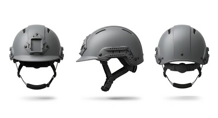 Fototapeta premium Grey military tactical helmet for army and special forces shown from different views isolated