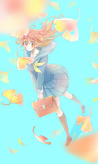 歩いて見上げる女子学生　セーラー服　イチョウ