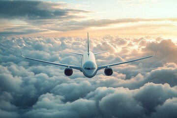 Jetliner Flying Through Fluffy Clouds Towards Setting Sun, Beautiful Sky and Airplane Front View