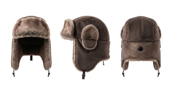 Brown winter trapper hat with faux fur ear flaps from three angles isolated on white background