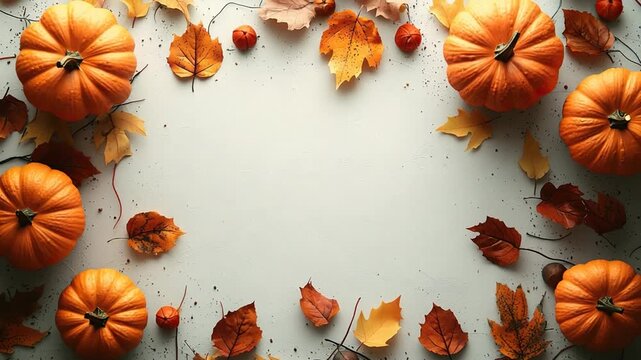 pumpkins and leaves with blank space for a text video zoom in