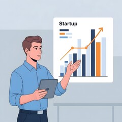 Man presenting a business growth chart with startup data on a digital tablet