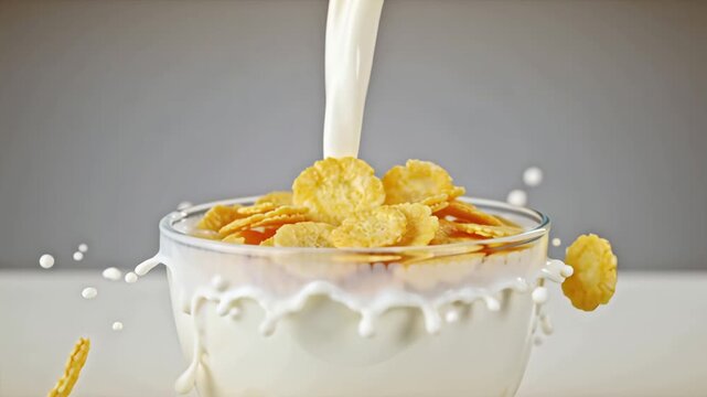 Splash of milk with cornflakes on background