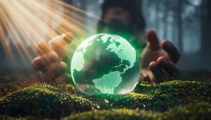 Papier peint photo Chambre de fille In the heart of the forest, a divine light illuminates nurturing hands as they cradle a fragile, glowing green Earth  © Willy AS