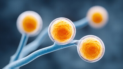 Cell movement in culture shows microscopic biological process with orange nucleus and translucent membrane