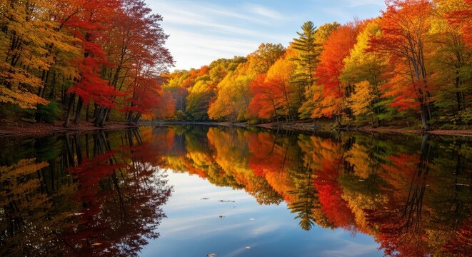 A scenic view of a lake reflecting the vibrant autumn foliage of surrounding trees and clear blue sky