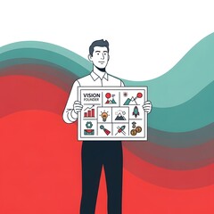 Man Holding Vision Board With Icons Representing Success And Business Growth